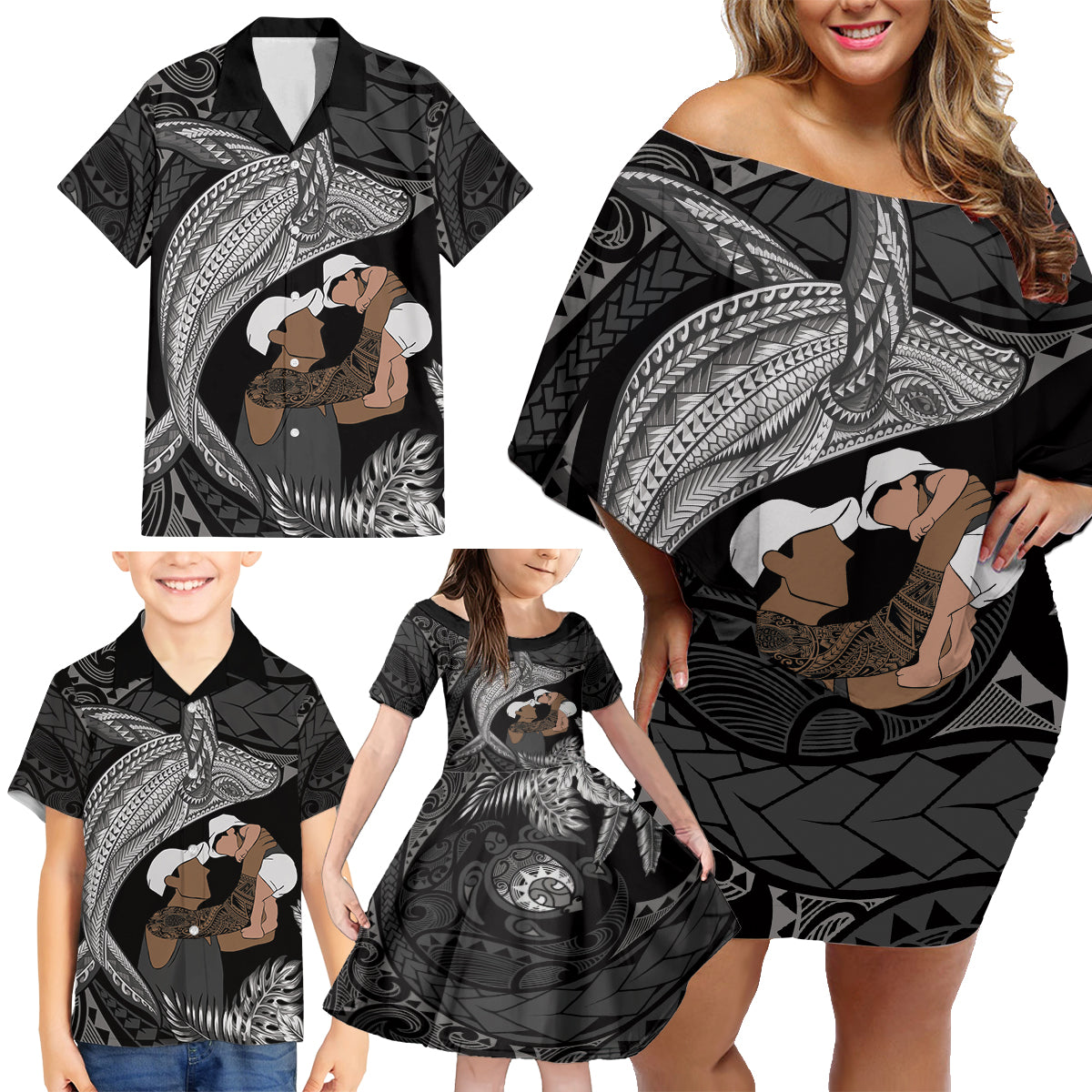 Father's Day Polynesian Pattern Family Matching Off Shoulder Short Dress and Hawaiian Shirt Tropical Humpback Whale - Black