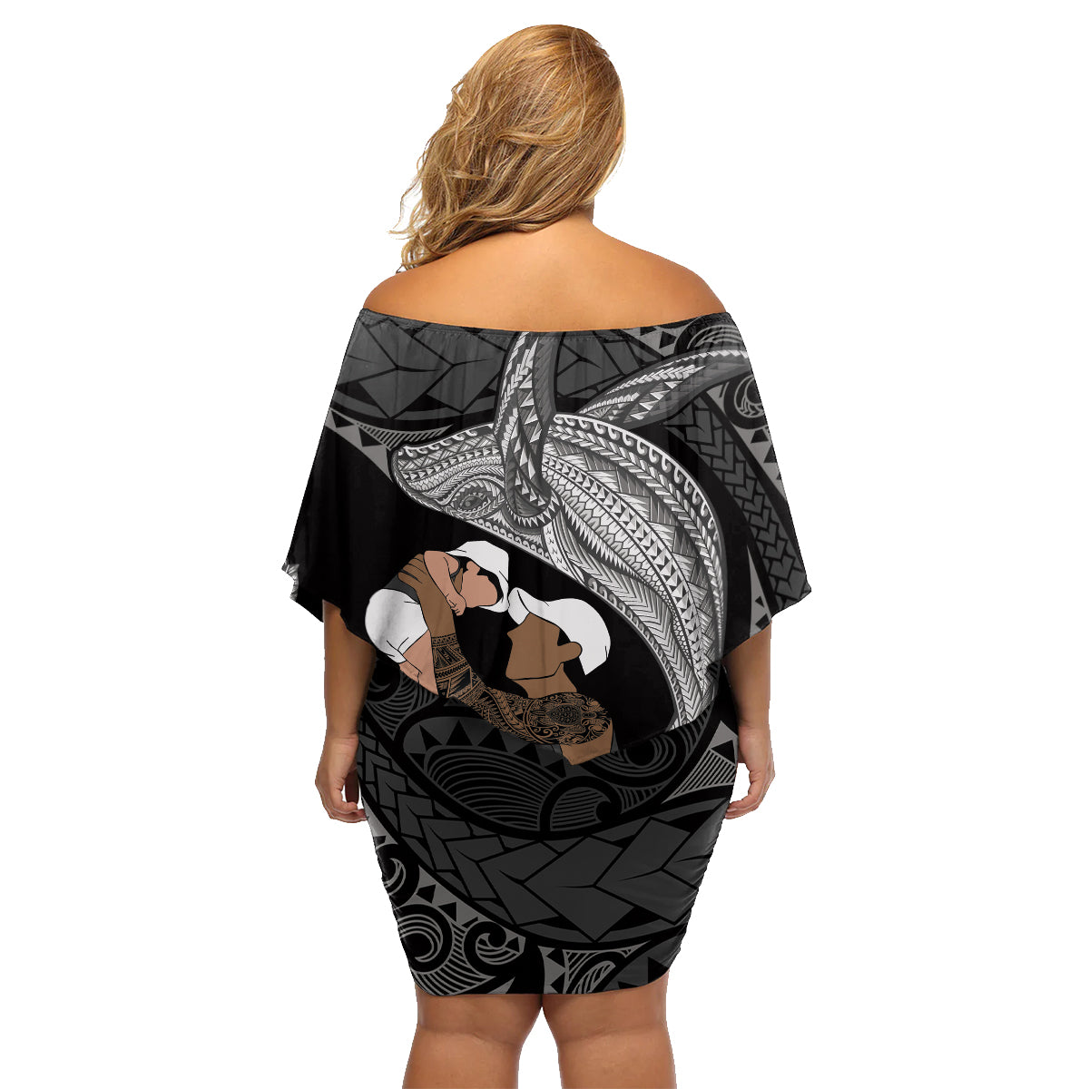 Father's Day Polynesian Pattern Family Matching Off Shoulder Short Dress and Hawaiian Shirt Tropical Humpback Whale - Black