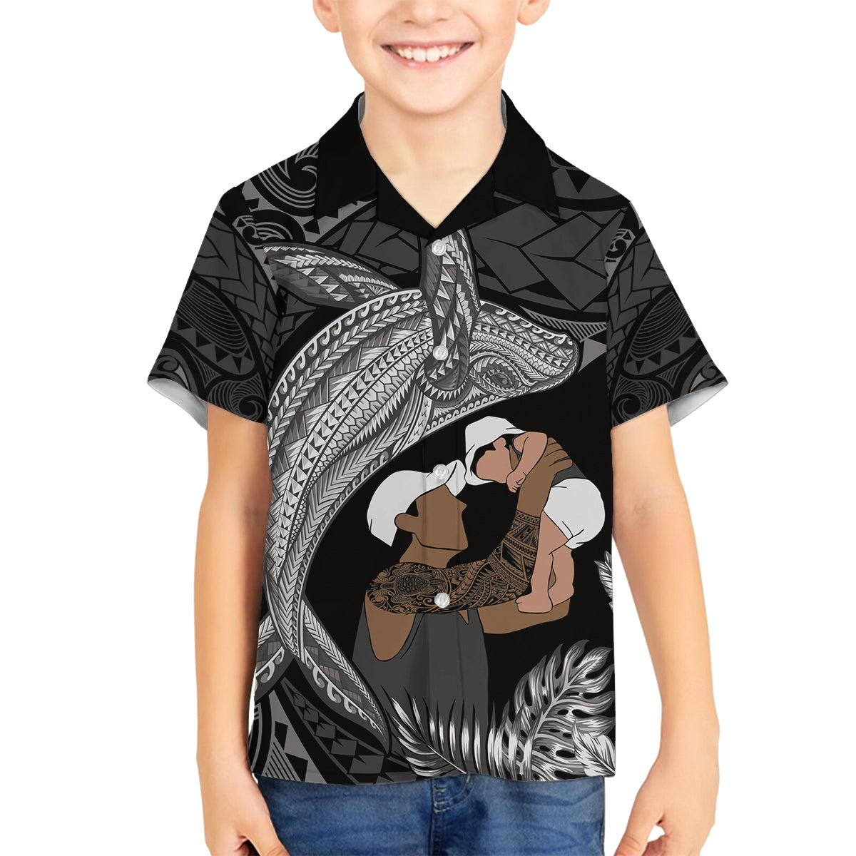 Father's Day Polynesian Pattern Family Matching Off Shoulder Short Dress and Hawaiian Shirt Tropical Humpback Whale - Black