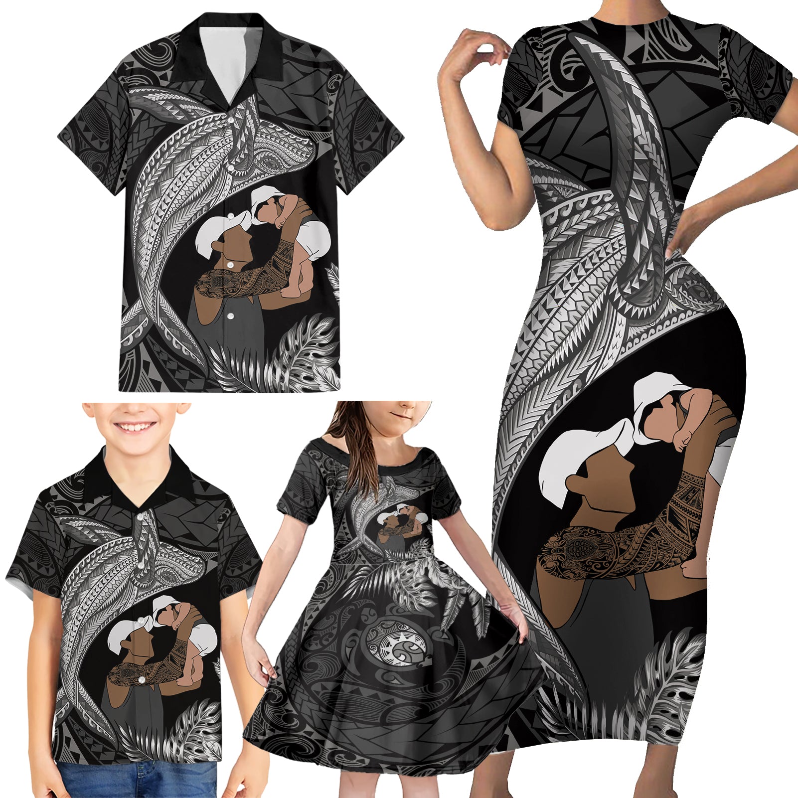 Father's Day Polynesian Pattern Family Matching Short Sleeve Bodycon Dress and Hawaiian Shirt Tropical Humpback Whale - Black