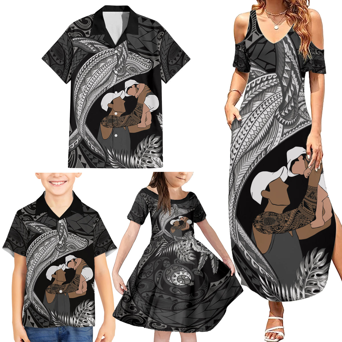 Father's Day Polynesian Pattern Family Matching Summer Maxi Dress and Hawaiian Shirt Tropical Humpback Whale - Black