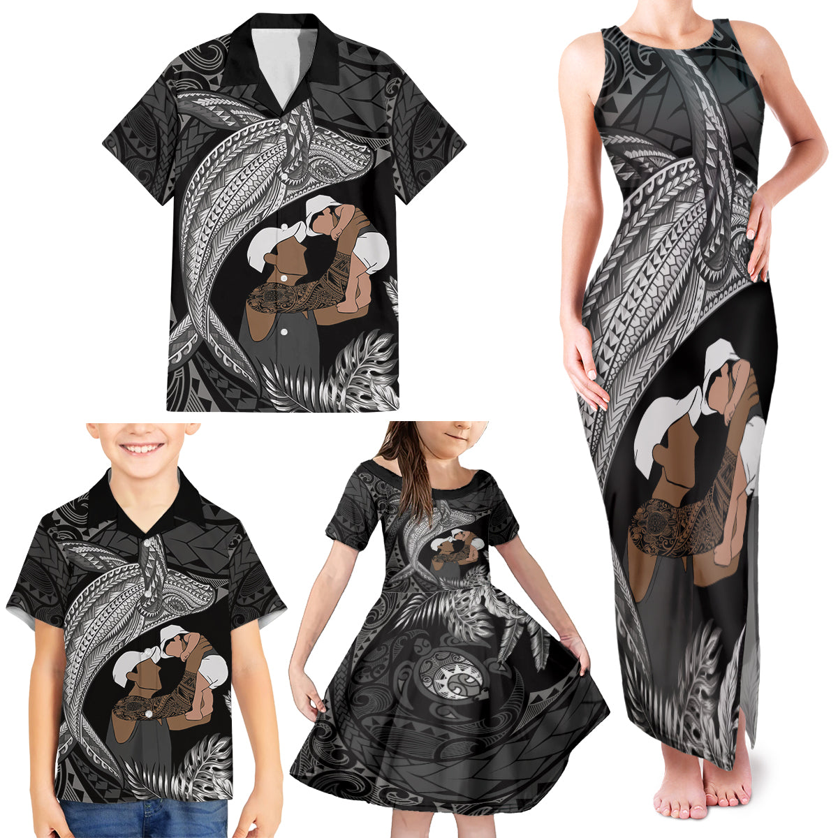 Father's Day Polynesian Pattern Family Matching Tank Maxi Dress and Hawaiian Shirt Tropical Humpback Whale - Black