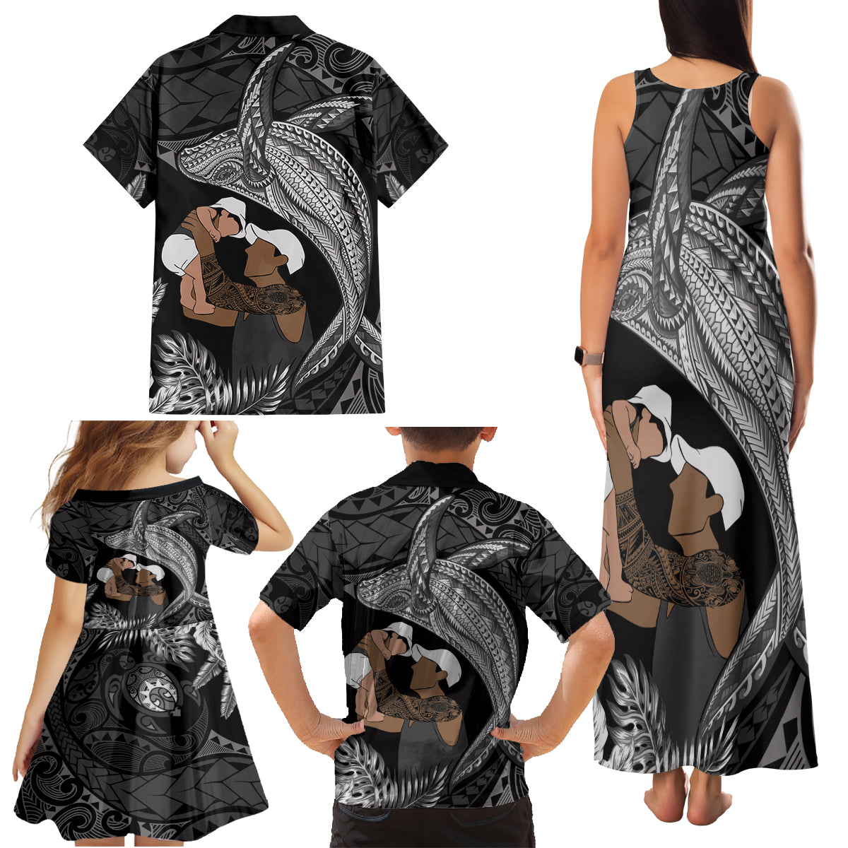 Father's Day Polynesian Pattern Family Matching Tank Maxi Dress and Hawaiian Shirt Tropical Humpback Whale - Black