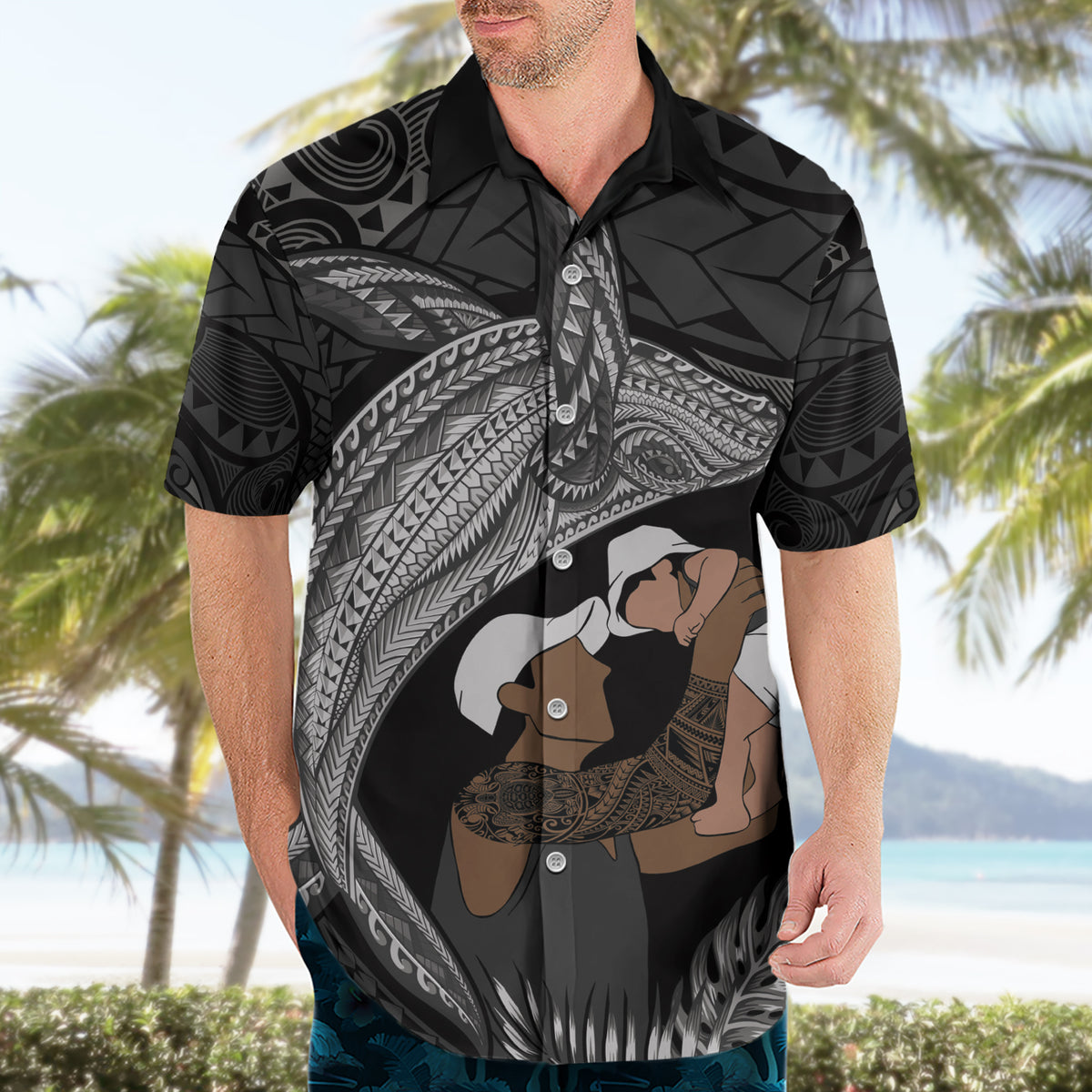 Father's Day Polynesian Pattern Hawaiian Shirt Tropical Humpback Whale - Black