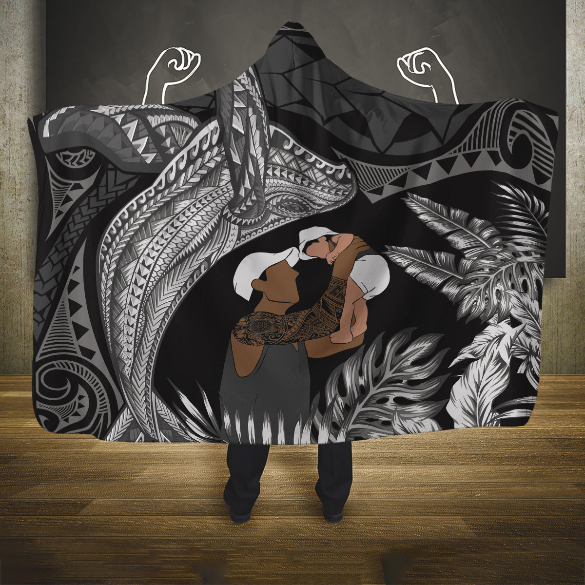 Father's Day Polynesian Pattern Hooded Blanket Tropical Humpback Whale - Black