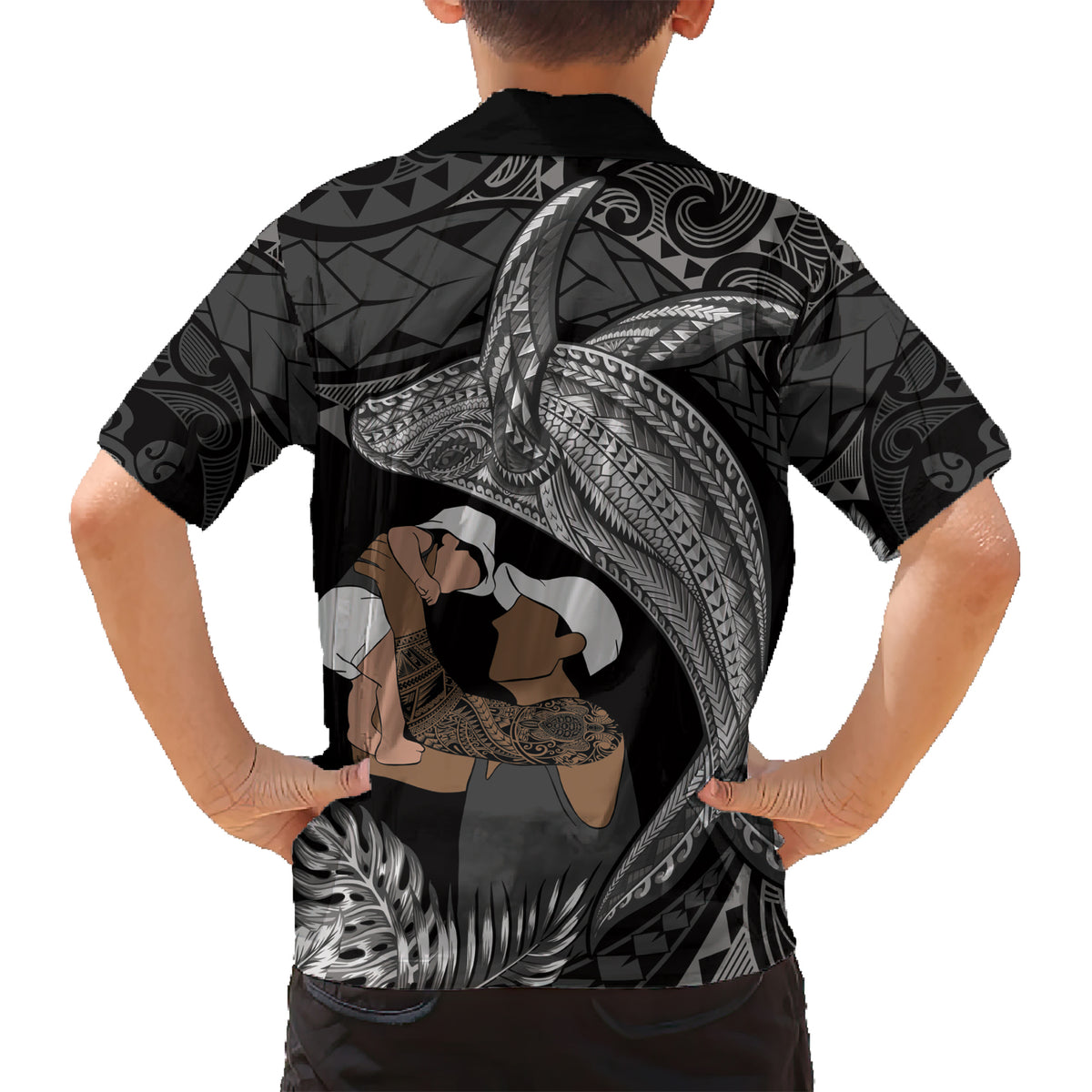 Father's Day Polynesian Pattern Kid Hawaiian Shirt Tropical Humpback Whale - Black