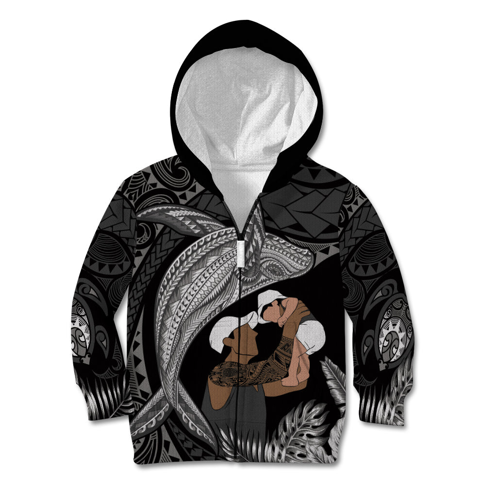 Father's Day Polynesian Pattern Kid Hoodie Tropical Humpback Whale - Black