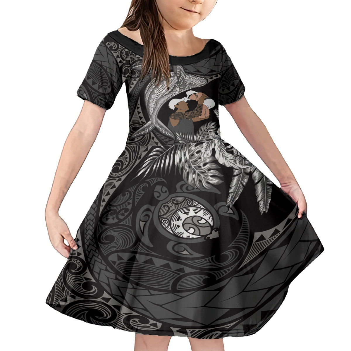 Father's Day Polynesian Pattern Kid Short Sleeve Dress Tropical Humpback Whale - Black