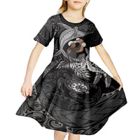 Father's Day Polynesian Pattern Kid Short Sleeve Dress Tropical Humpback Whale - Black