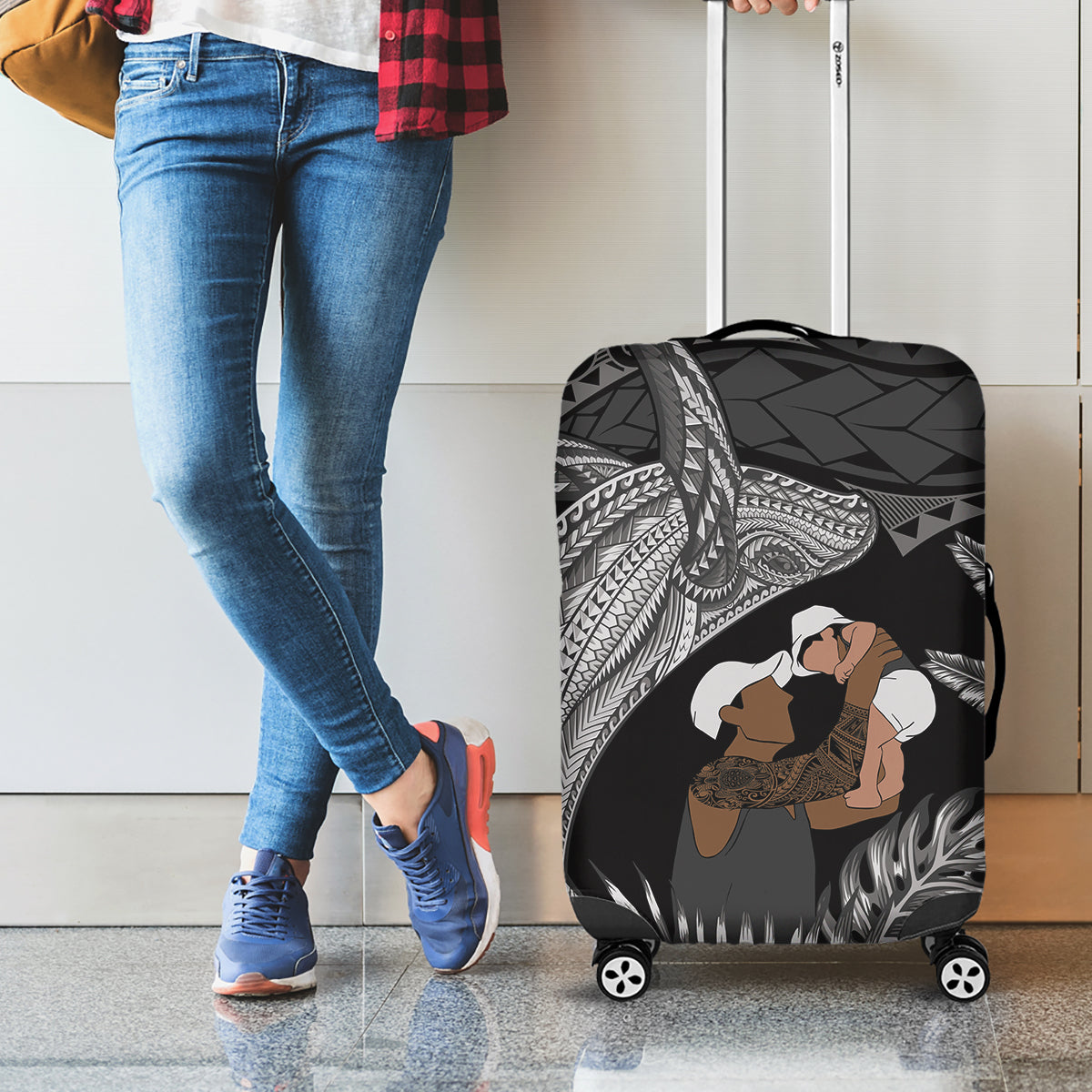 Father's Day Polynesian Pattern Luggage Cover Tropical Humpback Whale - Black
