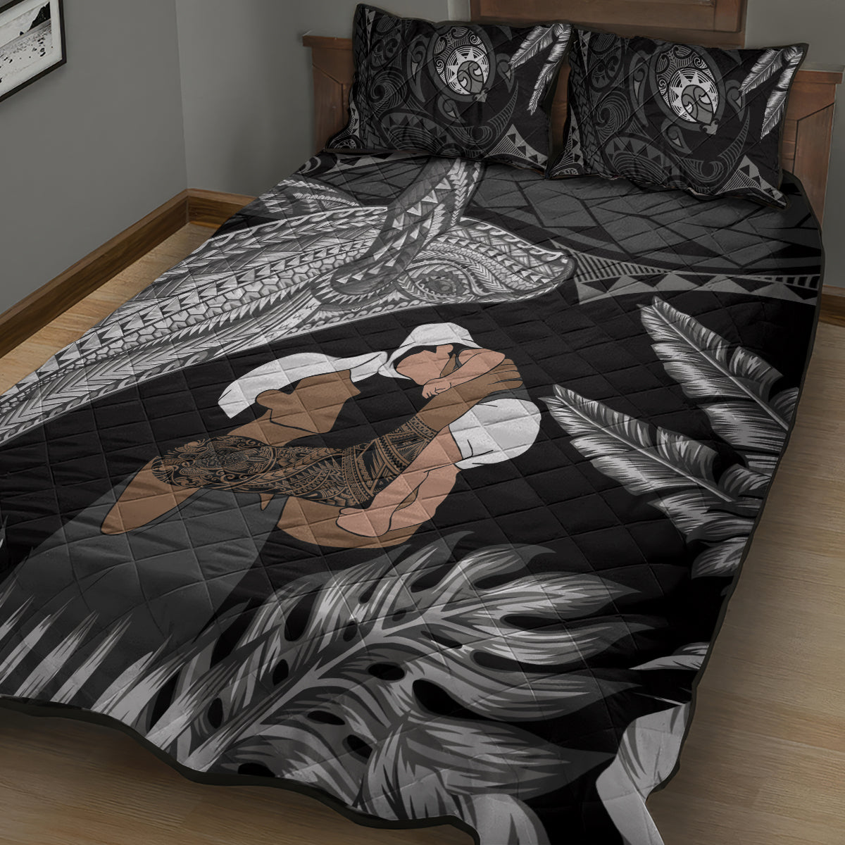 Father's Day Polynesian Pattern Quilt Bed Set Tropical Humpback Whale - Black