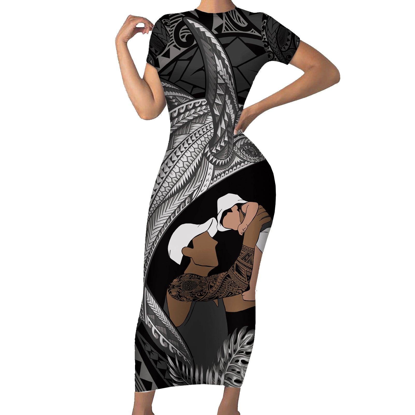 Father's Day Polynesian Pattern Short Sleeve Bodycon Dress Tropical Humpback Whale - Black