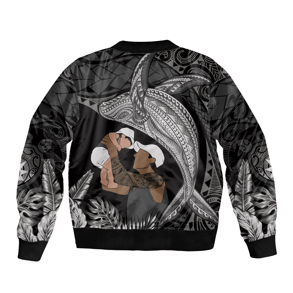 Father's Day Polynesian Pattern Sleeve Zip Bomber Jacket Tropical Humpback Whale - Black