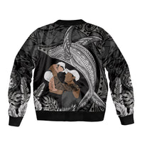 Father's Day Polynesian Pattern Sleeve Zip Bomber Jacket Tropical Humpback Whale - Black