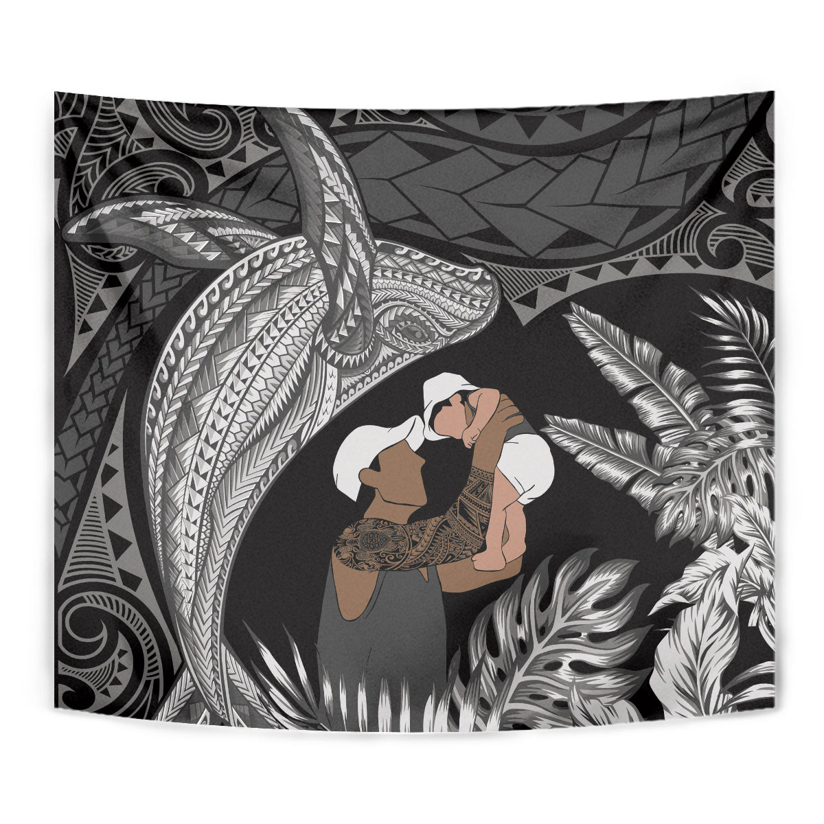 Father's Day Polynesian Pattern Tapestry Tropical Humpback Whale - Black
