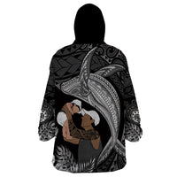 Father's Day Polynesian Pattern Wearable Blanket Hoodie Tropical Humpback Whale - Black