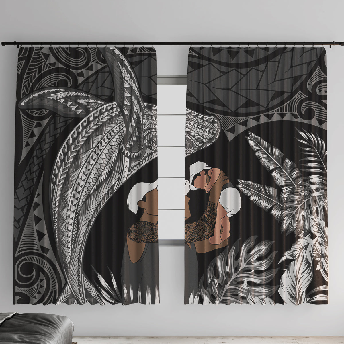 Father's Day Polynesian Pattern Window Curtain Tropical Humpback Whale - Black LT7 With Hooks Black - Polynesian Pride