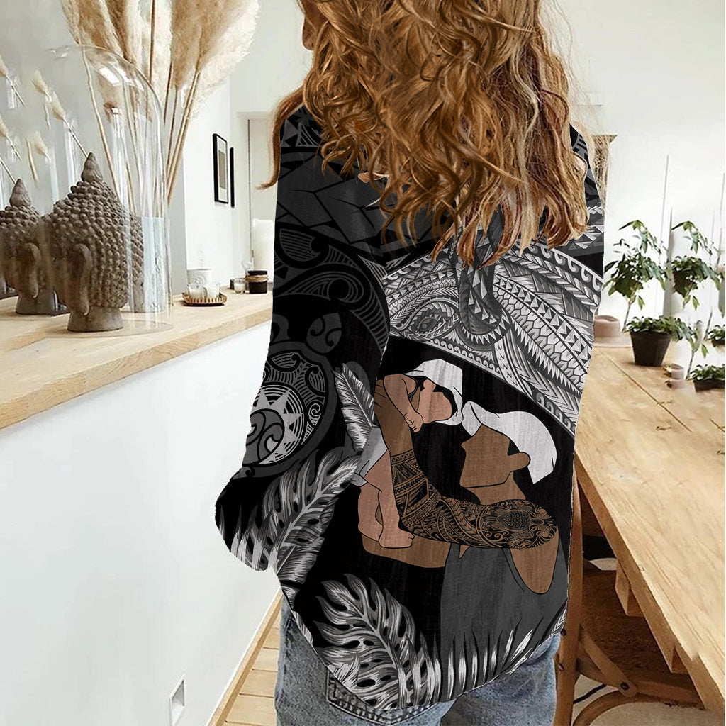 Father's Day Polynesian Pattern Women Casual Shirt Tropical Humpback Whale - Black