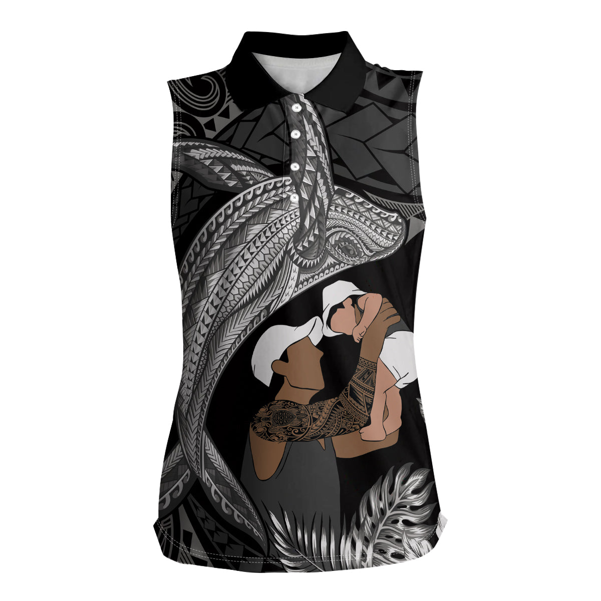 Father's Day Polynesian Pattern Women Sleeveless Polo Shirt Tropical Humpback Whale - Black LT7 Female Black - Polynesian Pride