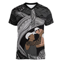 Father's Day Polynesian Pattern Women V-Neck T-Shirt Tropical Humpback Whale - Black