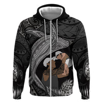 Father's Day Polynesian Pattern Zip Hoodie Tropical Humpback Whale - Black