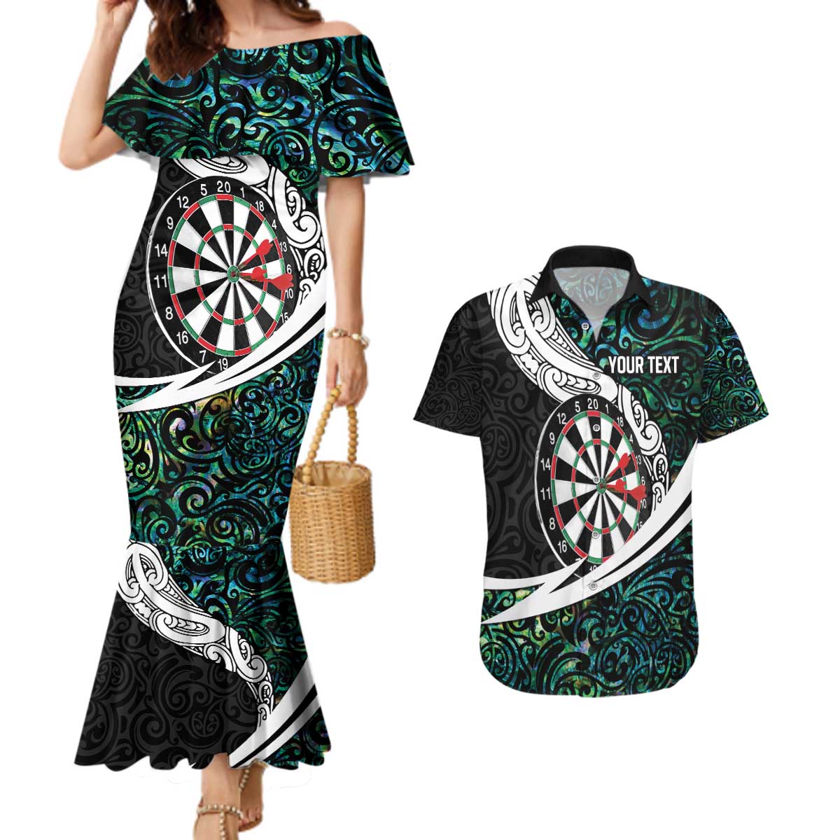 Personalized NZ Darts Couples Matching Mermaid Dress and Hawaiian Shirt Paua Shell Maori Koru Whakairo - Polynesian Pride