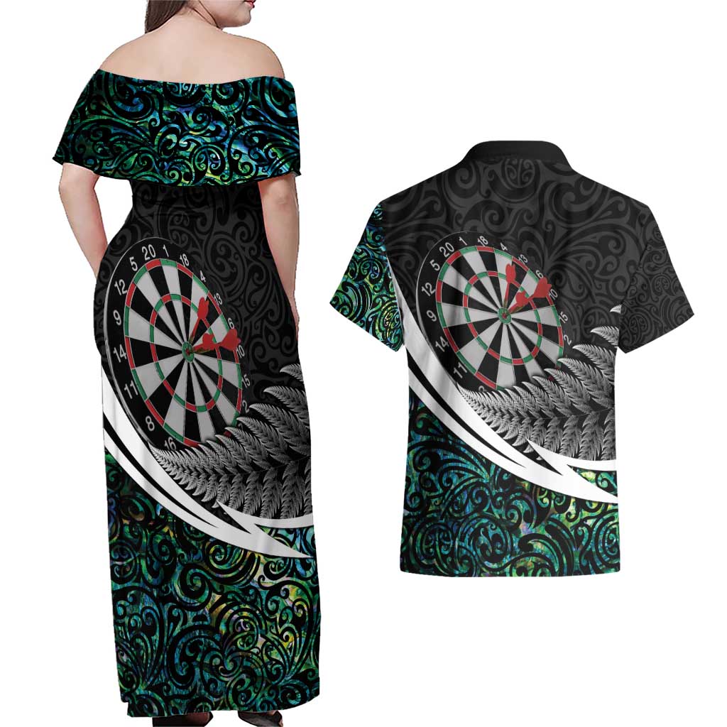 Personalized NZ Darts Couples Matching Off Shoulder Maxi Dress and Hawaiian Shirt Paua Shell Maori Koru Whakairo - Polynesian Pride