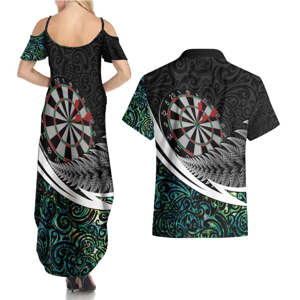 Personalized NZ Darts Couples Matching Summer Maxi Dress and Hawaiian Shirt Paua Shell Maori Koru Whakairo - Polynesian Pride