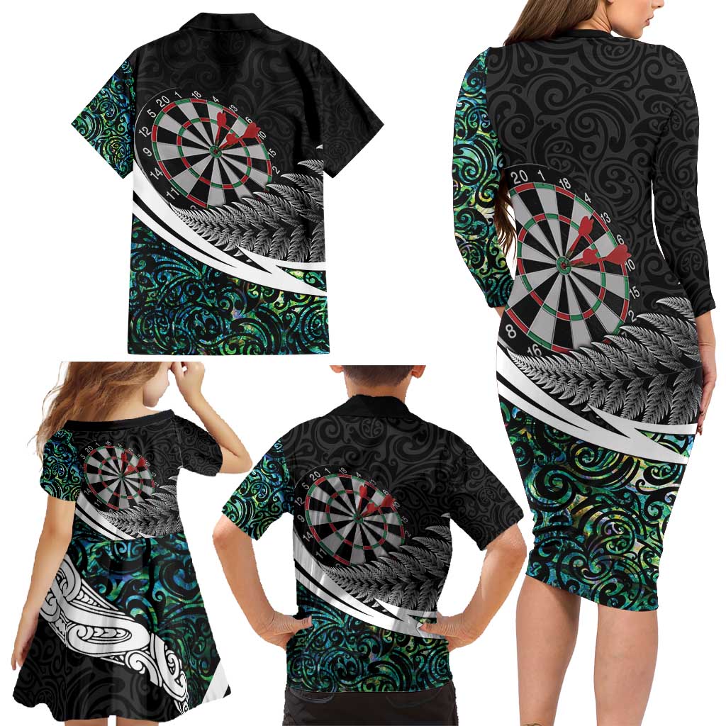 Personalized NZ Darts Family Matching Long Sleeve Bodycon Dress and Hawaiian Shirt Paua Shell Maori Koru Whakairo - Polynesian Pride