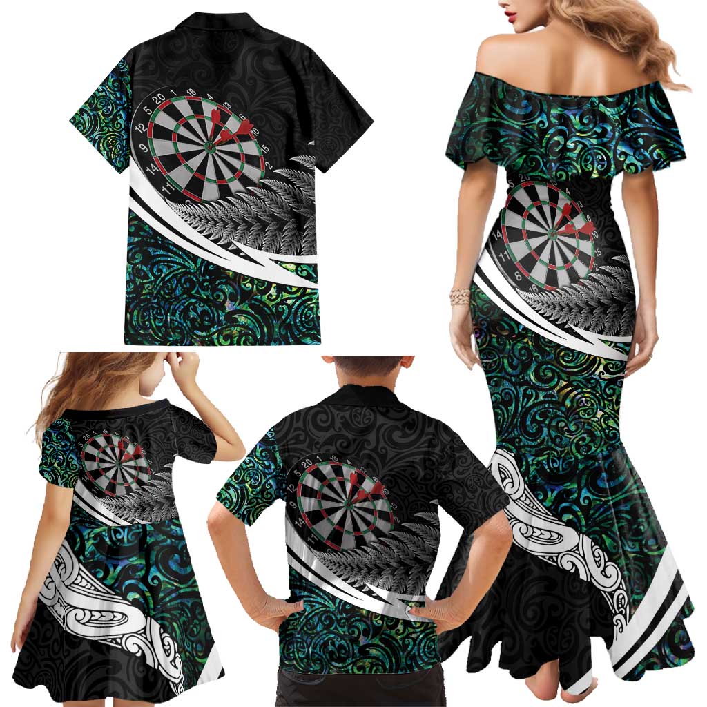Personalized NZ Darts Family Matching Mermaid Dress and Hawaiian Shirt Paua Shell Maori Koru Whakairo - Polynesian Pride