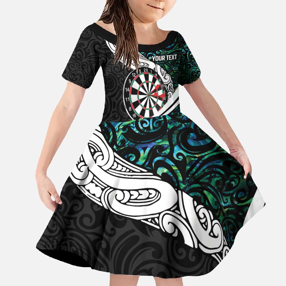 Personalized NZ Darts Family Matching Off The Shoulder Long Sleeve Dress and Hawaiian Shirt Paua Shell Maori Koru Whakairo LT7 Daughter's Dress Colorful - Polynesian Pride