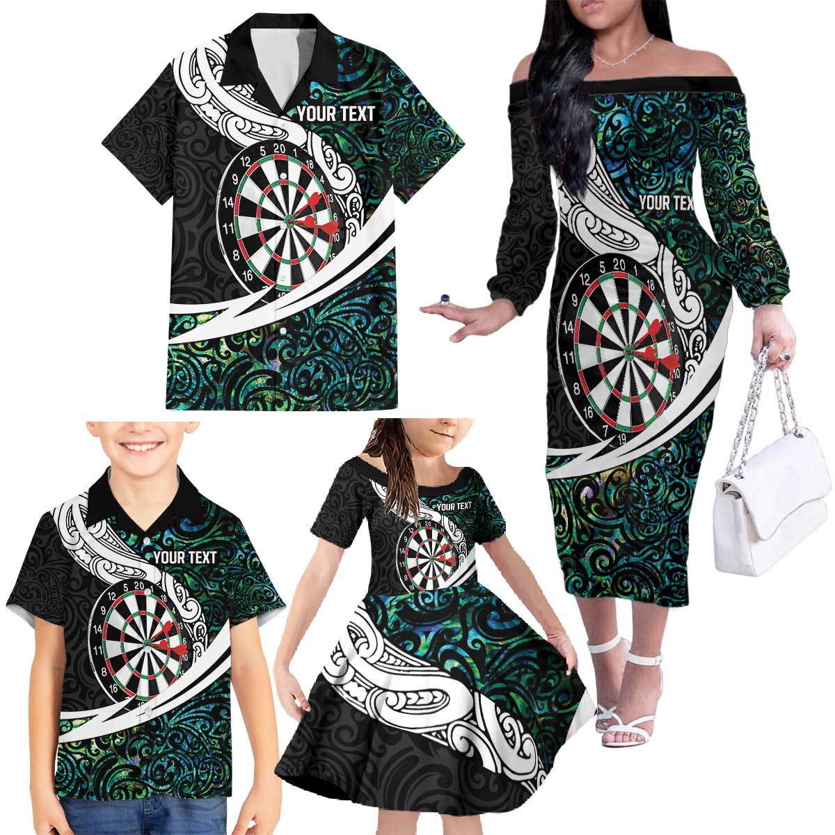 Personalized NZ Darts Family Matching Off The Shoulder Long Sleeve Dress and Hawaiian Shirt Paua Shell Maori Koru Whakairo - Polynesian Pride