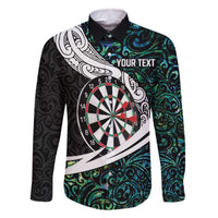 Personalized NZ Darts Family Matching Off The Shoulder Long Sleeve Dress and Hawaiian Shirt Paua Shell Maori Koru Whakairo LT7 Dad's Shirt - Long Sleeve Colorful - Polynesian Pride