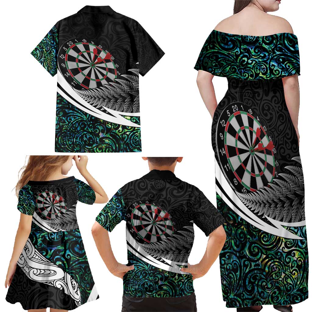 Personalized NZ Darts Family Matching Off Shoulder Maxi Dress and Hawaiian Shirt Paua Shell Maori Koru Whakairo - Polynesian Pride