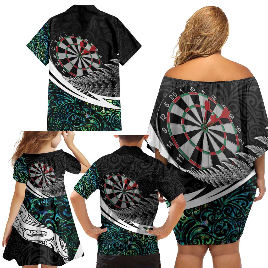 Personalized NZ Darts Family Matching Off Shoulder Short Dress and Hawaiian Shirt Paua Shell Maori Koru Whakairo - Polynesian Pride