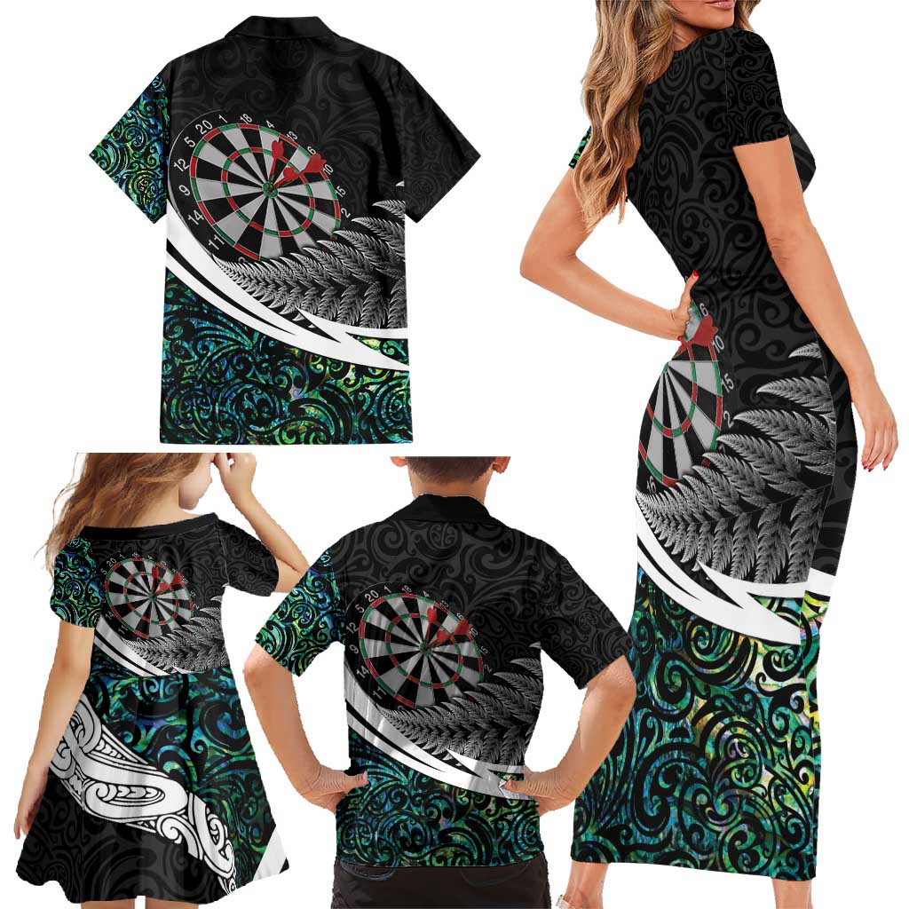 Personalized NZ Darts Family Matching Short Sleeve Bodycon Dress and Hawaiian Shirt Paua Shell Maori Koru Whakairo - Polynesian Pride