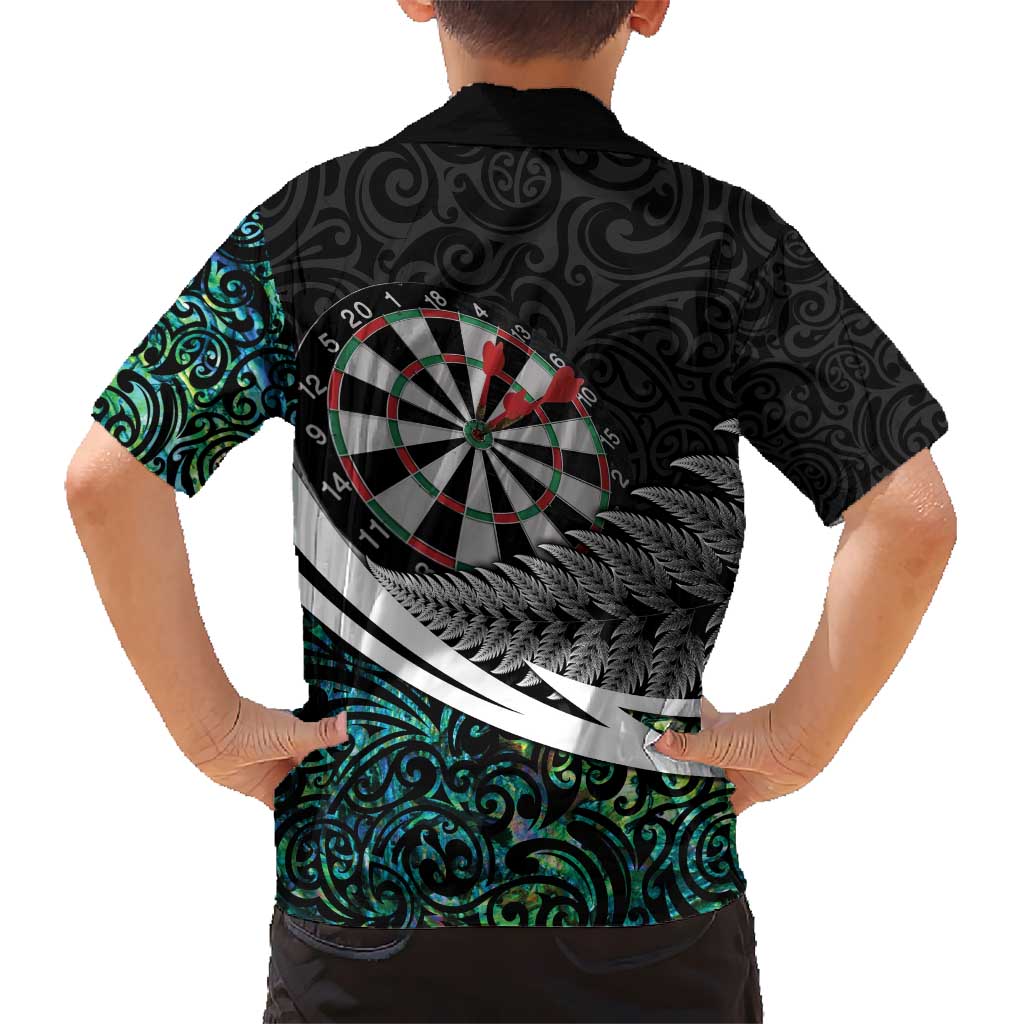 Personalized NZ Darts Kid Hawaiian Shirt Paua Shell Maori Koru Whakairo - Polynesian Pride
