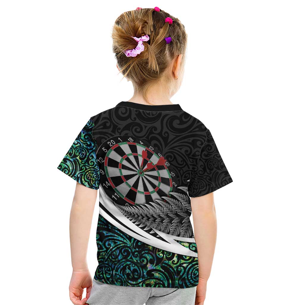 Personalized NZ Darts Kid T Shirt Paua Shell Maori Koru Whakairo - Polynesian Pride