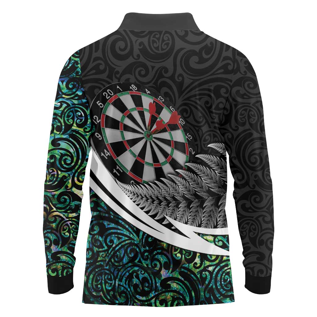 Personalized NZ Darts Long Sleeve Polo Shirt Paua Shell Maori Koru Whakairo - Polynesian Pride