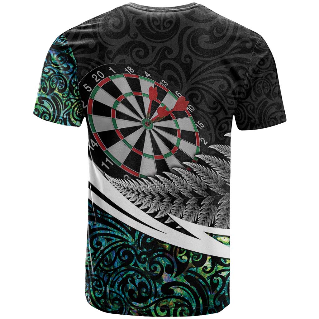 Personalized NZ Darts T Shirt Paua Shell Maori Koru Whakairo - Polynesian Pride
