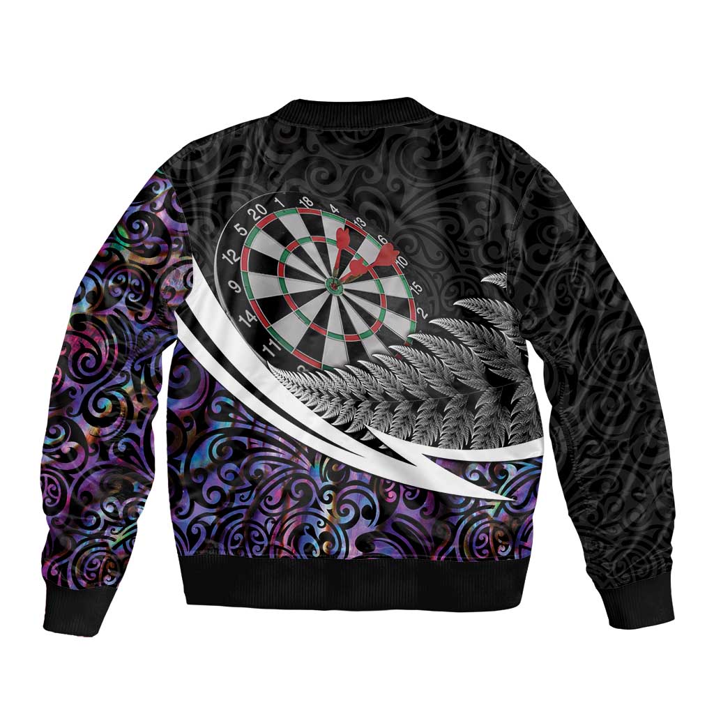 Personalized NZ Darts Bomber Jacket Paua Shell Maori Koru Whakairo - Purple LT7 - Polynesian Pride
