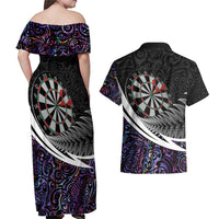 Personalized NZ Darts Couples Matching Off Shoulder Maxi Dress and Hawaiian Shirt Paua Shell Maori Koru Whakairo - Purple - Polynesian Pride