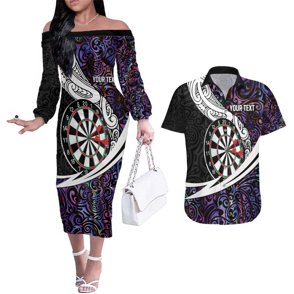 Personalized NZ Darts Couples Matching Off The Shoulder Long Sleeve Dress and Hawaiian Shirt Paua Shell Maori Koru Whakairo - Purple - Polynesian Pride