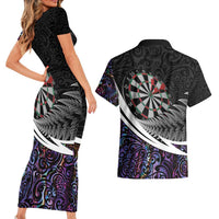 Personalized NZ Darts Couples Matching Short Sleeve Bodycon Dress and Hawaiian Shirt Paua Shell Maori Koru Whakairo - Purple - Polynesian Pride