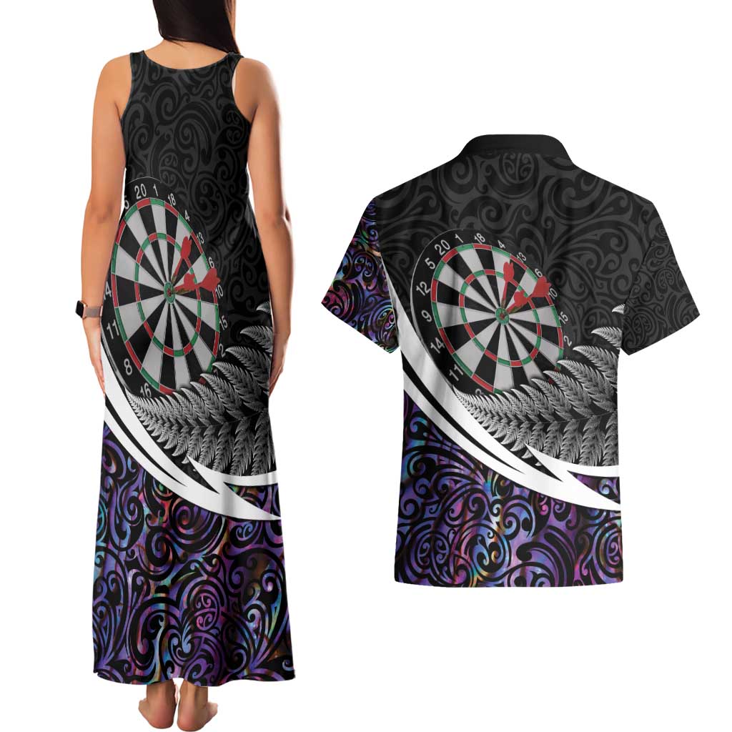 Personalized NZ Darts Couples Matching Tank Maxi Dress and Hawaiian Shirt Paua Shell Maori Koru Whakairo - Purple - Polynesian Pride