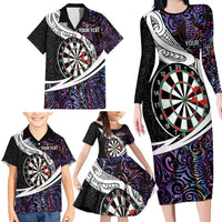 Personalized NZ Darts Family Matching Long Sleeve Bodycon Dress and Hawaiian Shirt Paua Shell Maori Koru Whakairo - Purple - Polynesian Pride