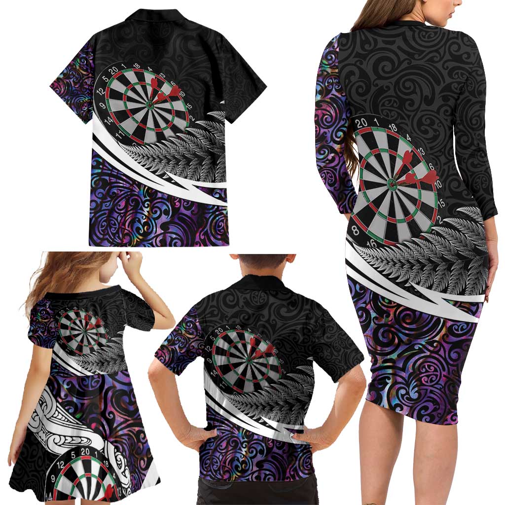 Personalized NZ Darts Family Matching Long Sleeve Bodycon Dress and Hawaiian Shirt Paua Shell Maori Koru Whakairo - Purple - Polynesian Pride