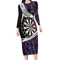 Personalized NZ Darts Family Matching Long Sleeve Bodycon Dress and Hawaiian Shirt Paua Shell Maori Koru Whakairo - Purple - Polynesian Pride