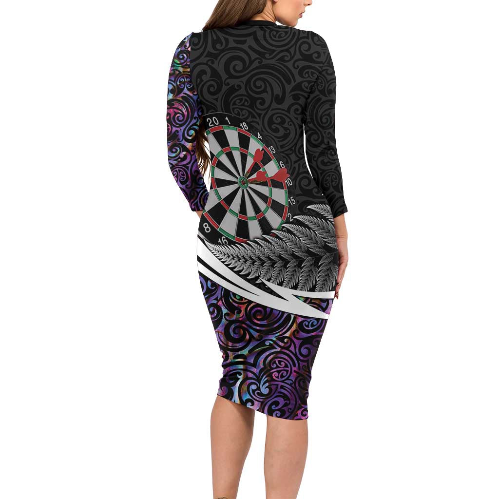 Personalized NZ Darts Family Matching Long Sleeve Bodycon Dress and Hawaiian Shirt Paua Shell Maori Koru Whakairo - Purple - Polynesian Pride