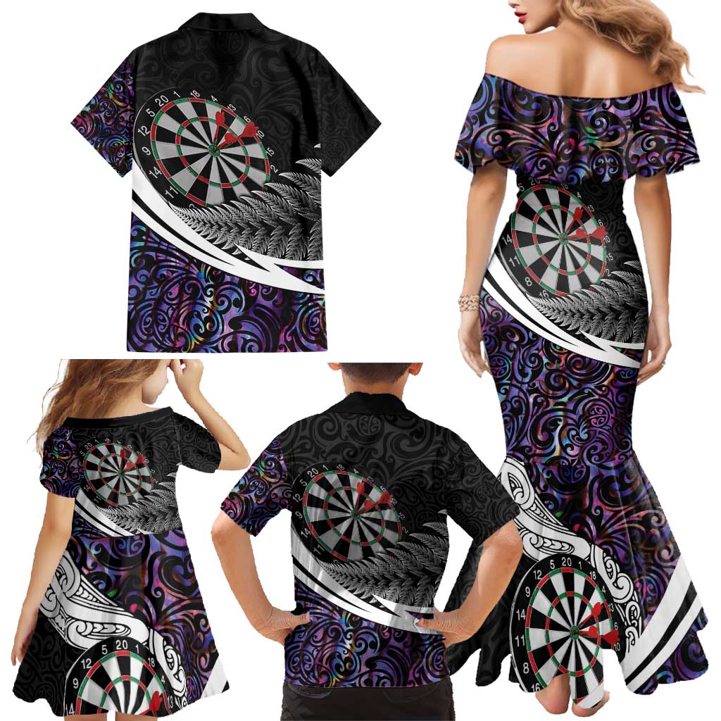 Personalized NZ Darts Family Matching Mermaid Dress and Hawaiian Shirt Paua Shell Maori Koru Whakairo - Purple - Polynesian Pride